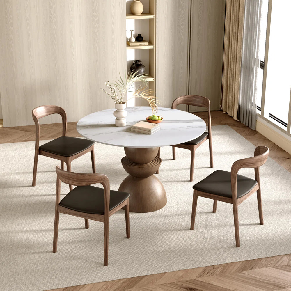 Modern Round Sintered Stone Tabletop Breakfast Table Sets With Comfort Leather Dining Chairs For 4