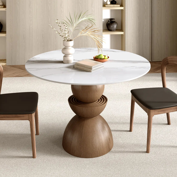 Modern Round Sintered Stone Tabletop Breakfast Table Sets With Comfort Leather Dining Chairs For 4