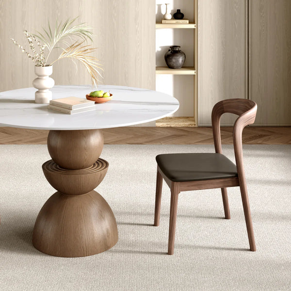 Modern Round Sintered Stone Tabletop Breakfast Table Sets With Comfort Leather Dining Chairs For 4