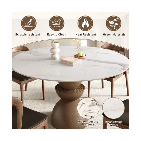 Modern Round Sintered Stone Tabletop Breakfast Table Sets With Comfort Leather Dining Chairs For 4