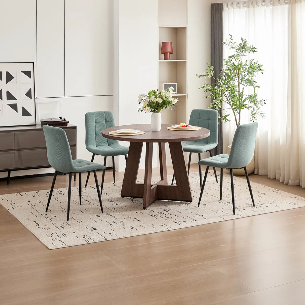 Caroon Round Farmhouse Dining Table Set for 4 with Velvet/Corduroy Chairs - Wooden bazar