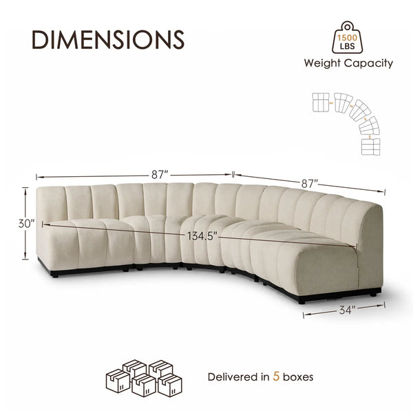 5 Piece Modern Curved Sectional Sofa, Chenille Modular Couch with Solid Wood Base, Symmetrical Design  Wooden Bazar