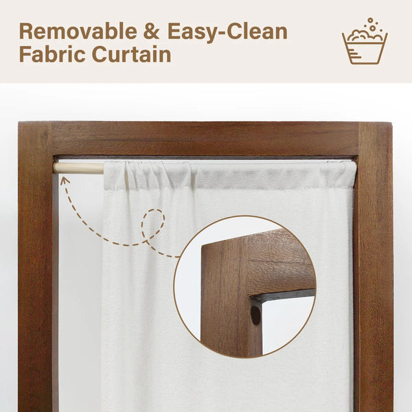 Panel Washable Fabric Folding Room Divider with Walnut Frame  Wooden Bazar