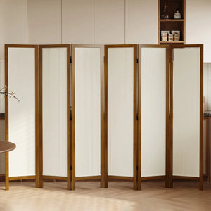 Panel Washable Fabric Folding Room Divider with Walnut Frame  Wooden Bazar