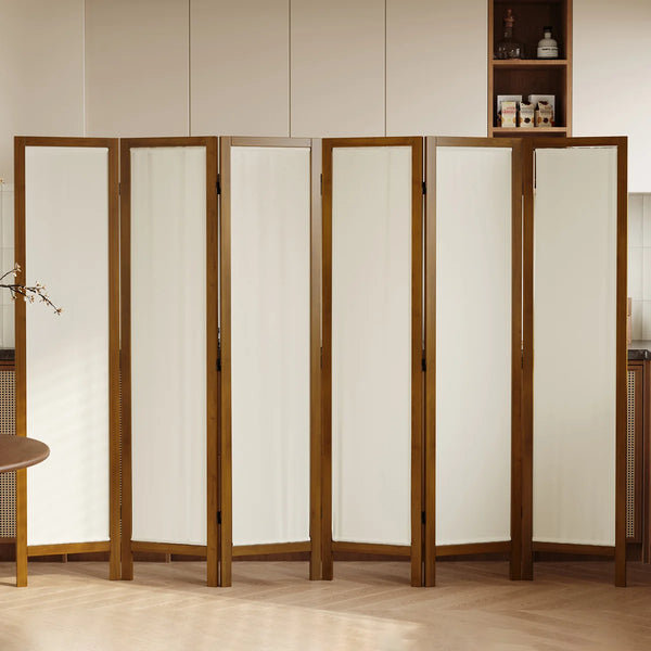 Panel Washable Fabric Folding Room Divider with Walnut Frame  Wooden Bazar