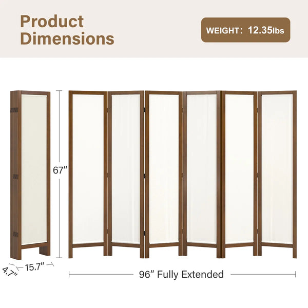 Panel Washable Fabric Folding Room Divider with Walnut Frame  Wooden Bazar