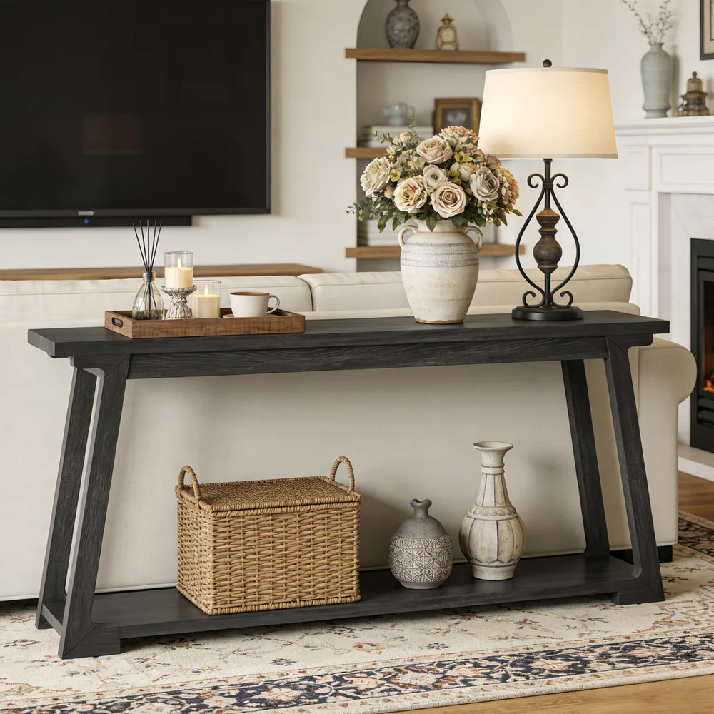 Long Solid Wood Console Table, 2-Tier Narrow Sofa Table for Living Room & Entryway  Wooden Bazar