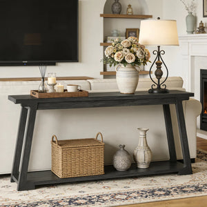Long Solid Wood Console Table, 2-Tier Narrow Sofa Table for Living Room & Entryway  Wooden Bazar