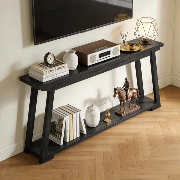 Long Solid Wood Console Table, 2-Tier Narrow Sofa Table for Living Room & Entryway  Wooden Bazar