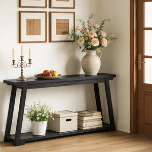 Long Solid Wood Console Table, 2-Tier Narrow Sofa Table for Living Room & Entryway  Wooden Bazar