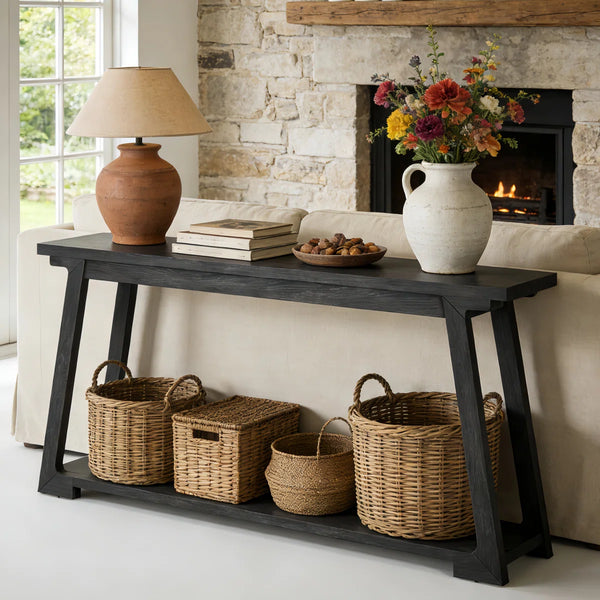 Long Solid Wood Console Table, 2-Tier Narrow Sofa Table for Living Room & Entryway  Wooden Bazar