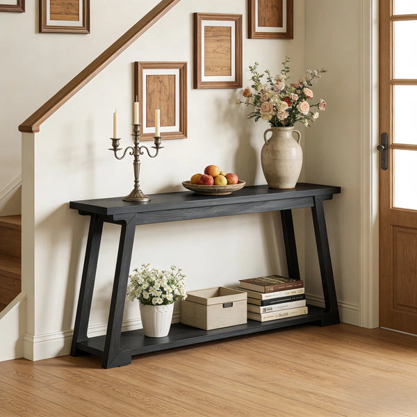 Long Solid Wood Console Table, 2-Tier Narrow Sofa Table for Living Room & Entryway  Wooden Bazar