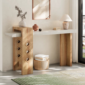 Modern Oak Console Table with Geometric Cutout Design, Sand-Washed Finish for Entryway & Living Room  Wooden Bazar
