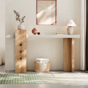 Modern Oak Console Table with Geometric Cutout Design, Sand-Washed Finish for Entryway & Living Room  Wooden Bazar