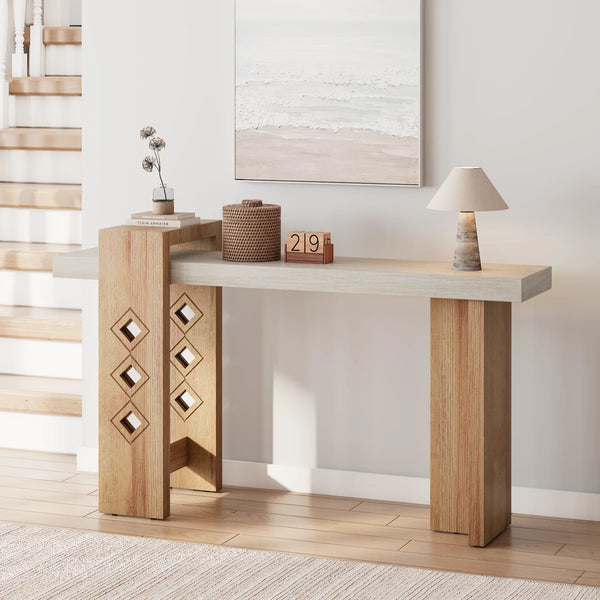 Modern Oak Console Table with Geometric Cutout Design, Sand-Washed Finish for Entryway & Living Room  Wooden Bazar