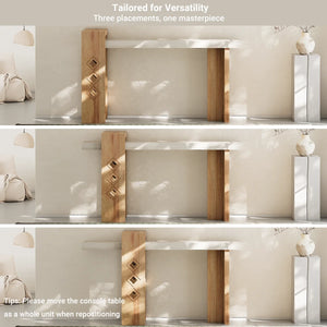 Modern Oak Console Table with Geometric Cutout Design, Sand-Washed Finish for Entryway & Living Room  Wooden Bazar