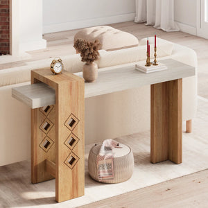 Modern Oak Console Table with Geometric Cutout Design, Sand-Washed Finish for Entryway & Living Room  Wooden Bazar