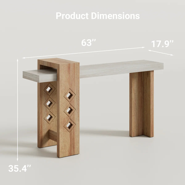 Modern Oak Console Table with Geometric Cutout Design, Sand-Washed Finish for Entryway & Living Room  Wooden Bazar