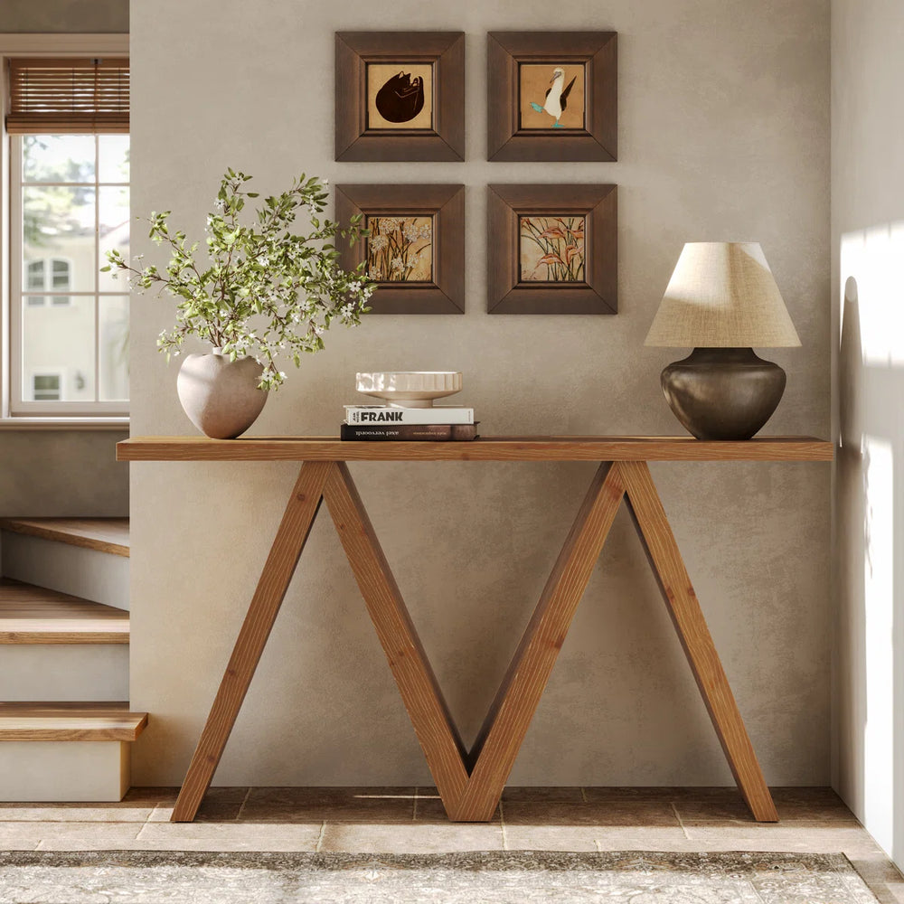 Solid Wood Console Table with M-Shaped Base  Wooden Bazar