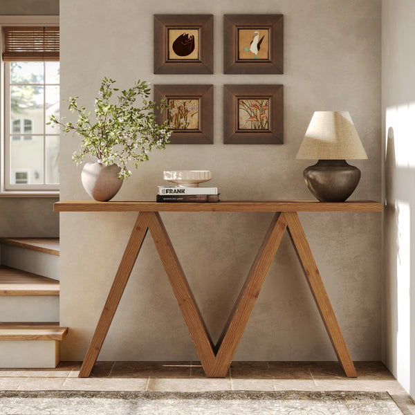 Solid Wood Console Table with M-Shaped Base  Wooden Bazar
