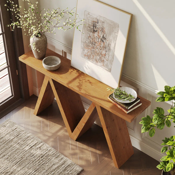 Solid Wood Console Table with M-Shaped Base  Wooden Bazar
