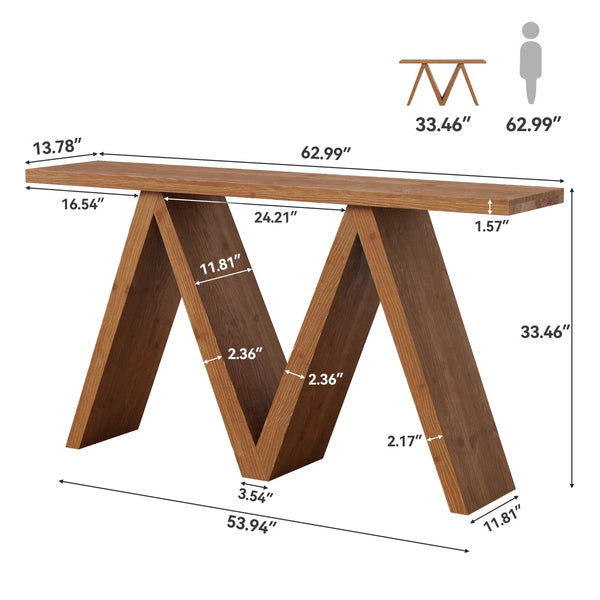 Solid Wood Console Table with M-Shaped Base  Wooden Bazar