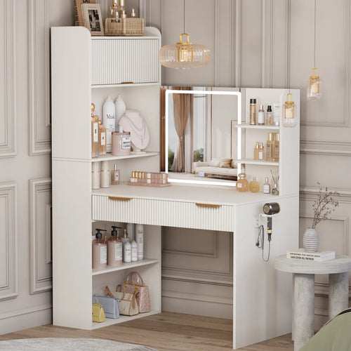 Makeup Vanity Desk with Mirror & LED Lights for Corner Spaces  Wooden Bazar