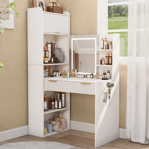 Makeup Vanity Desk with Mirror & LED Lights for Corner Spaces  Wooden Bazar