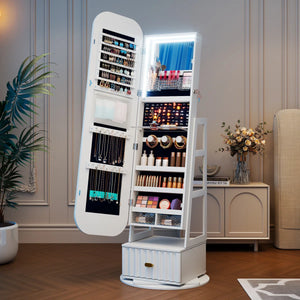 Rotating Jewelry Cabinet with Arched LED Mirror & Built-In Storage  Wooden Bazar