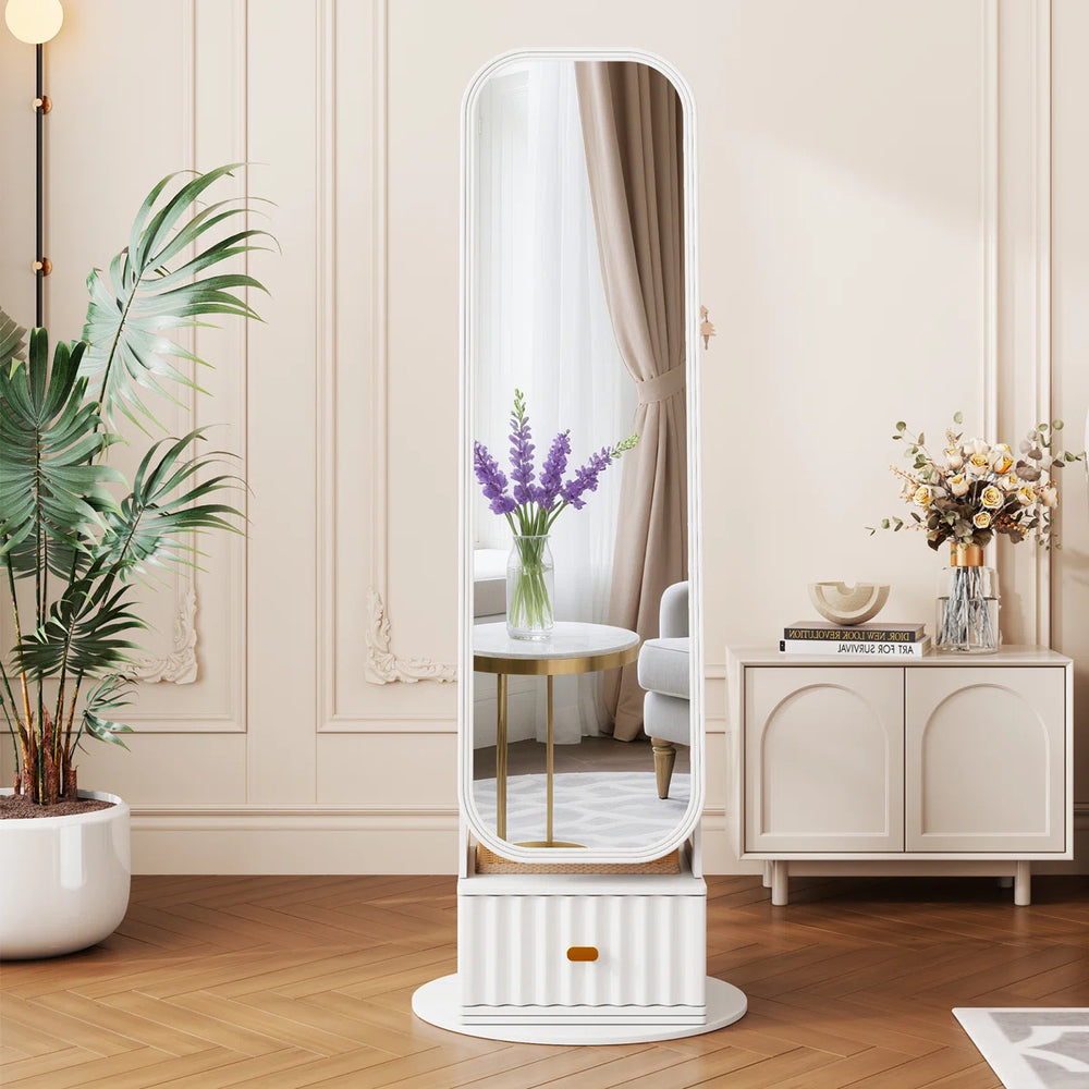 Rotating Jewelry Cabinet with Arched LED Mirror & Built-In Storage  Wooden Bazar