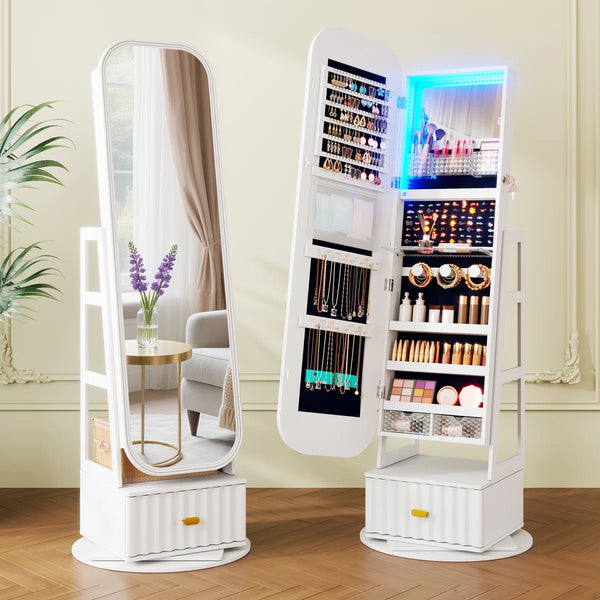 Rotating Jewelry Cabinet with Arched LED Mirror & Built-In Storage  Wooden Bazar