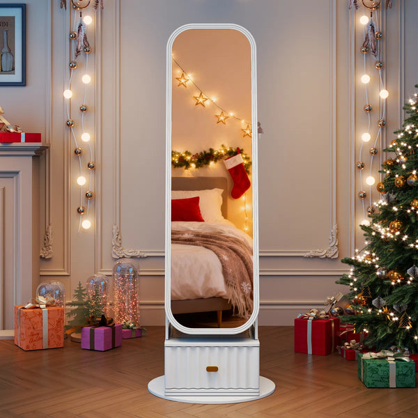 Rotating Jewelry Cabinet with Arched LED Mirror & Built-In Storage  Wooden Bazar