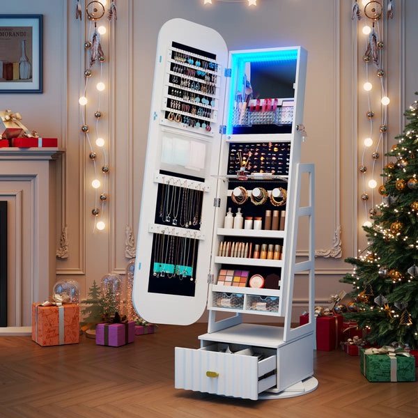 Rotating Jewelry Cabinet with Arched LED Mirror & Built-In Storage  Wooden Bazar