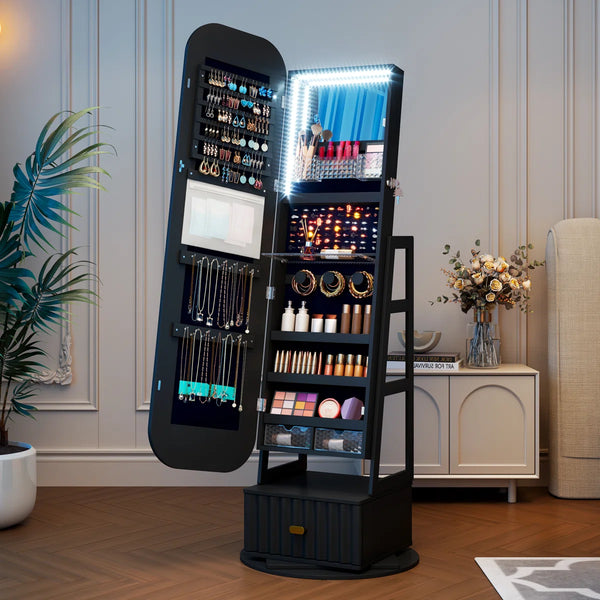 Rotating Jewelry Cabinet with Arched LED Mirror & Built-In Storage  Wooden Bazar
