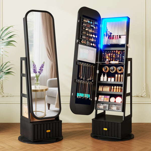 Rotating Jewelry Cabinet with Arched LED Mirror & Built-In Storage  Wooden Bazar