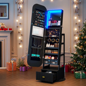 Rotating Jewelry Cabinet with Arched LED Mirror & Built-In Storage  Wooden Bazar