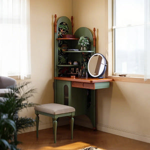 Green Retro Solid Wood Ash Corner Vanity with Mirror  Wooden Bazar