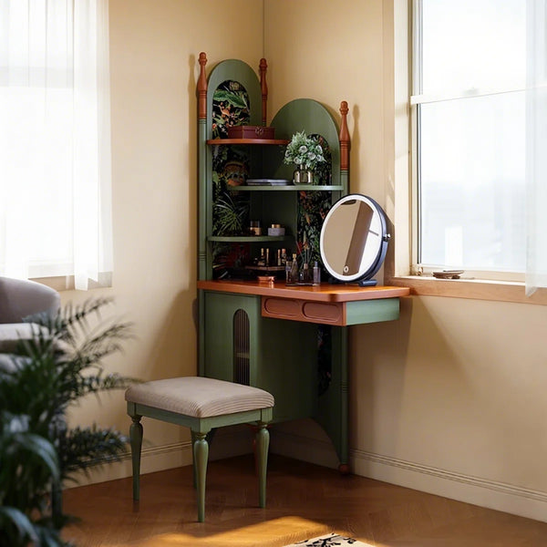 Green Retro Solid Wood Ash Corner Vanity with Mirror  Wooden Bazar
