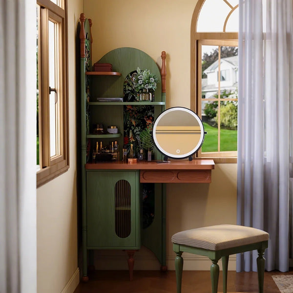 Green Retro Solid Wood Ash Corner Vanity with Mirror  Wooden Bazar