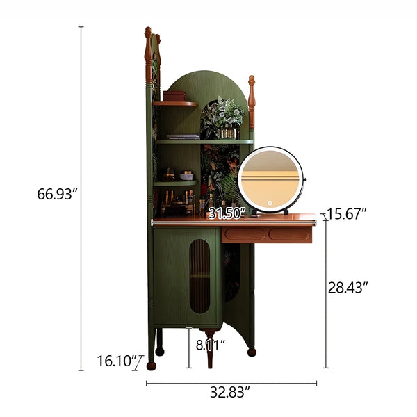 Green Retro Solid Wood Ash Corner Vanity with Mirror  Wooden Bazar