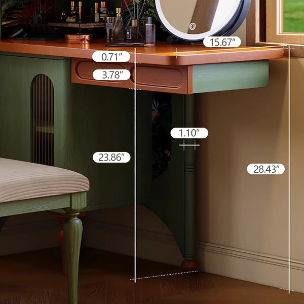 Green Retro Solid Wood Ash Corner Vanity with Mirror  Wooden Bazar