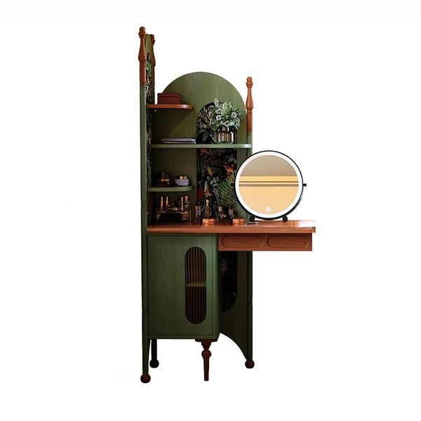 Green Retro Solid Wood Ash Corner Vanity with Mirror  Wooden Bazar