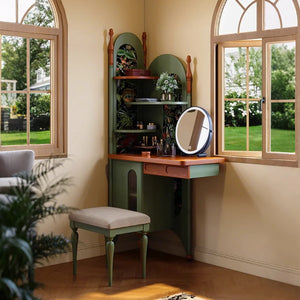 Green Retro Solid Wood Ash Corner Vanity with Mirror  Wooden Bazar