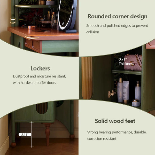 Green Retro Solid Wood Ash Corner Vanity with Mirror  Wooden Bazar