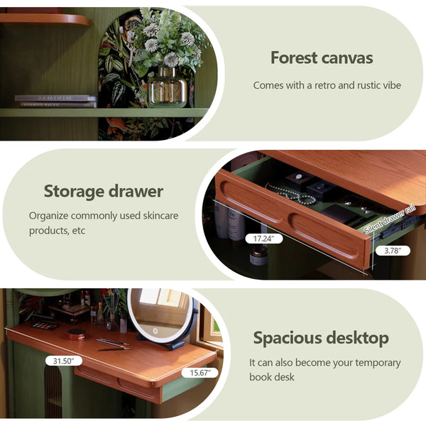 Green Retro Solid Wood Ash Corner Vanity with Mirror  Wooden Bazar