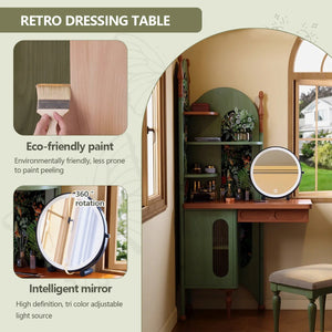 Green Retro Solid Wood Ash Corner Vanity with Mirror  Wooden Bazar