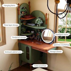 Green Retro Solid Wood Ash Corner Vanity with Mirror  Wooden Bazar