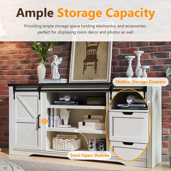 TV Stand for TVs Up to with Sliding Barn Doors and Storage Drawers  Wooden Bazar