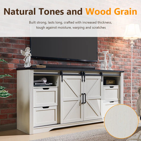 TV Stand for TVs Up to with Sliding Barn Doors and Storage Drawers  Wooden Bazar