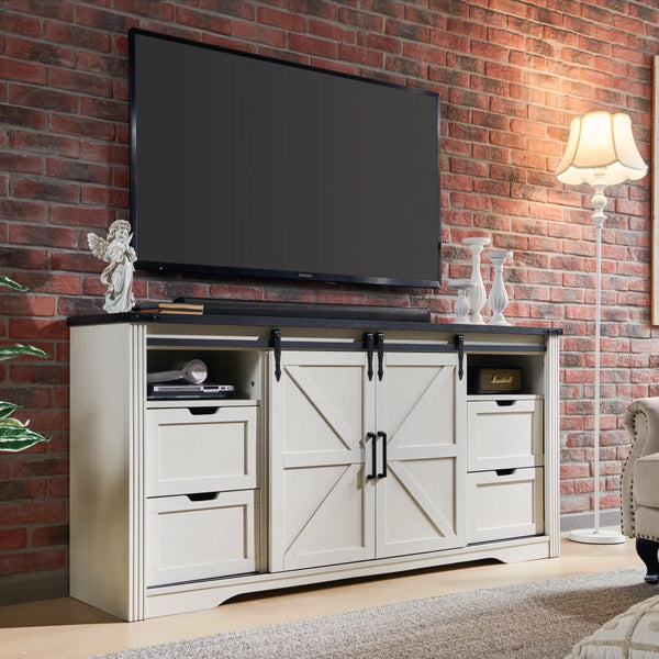 TV Stand for TVs Up to with Sliding Barn Doors and Storage Drawers  Wooden Bazar